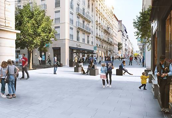 Réaménagement de la rue Victor Hugo à Lyon : des solutions sur mesure pour conjuguer les nombreuses contraintes du site (fluidité des flux piétonniers, maîtrise des circuits de livraisons, dispositifs anti-intrusion,…)